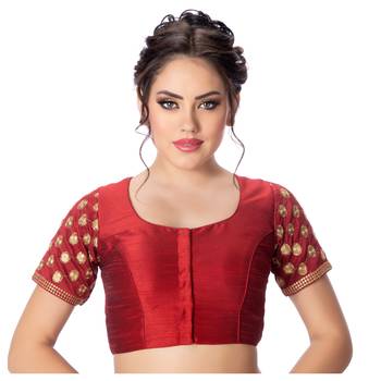 Jacquard Silk Embroidery Maroon Net Short Sleeves Padded Princess Cut Readymade Saree Blouse 1