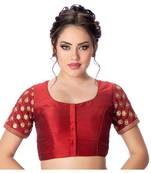 Jacquard Silk Embroidery Maroon Net Short Sleeves Padded Princess Cut Readymade Saree Blouse