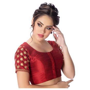 Jacquard Silk Embroidery Maroon Net Short Sleeves Padded Princess Cut Readymade Saree Blouse 2