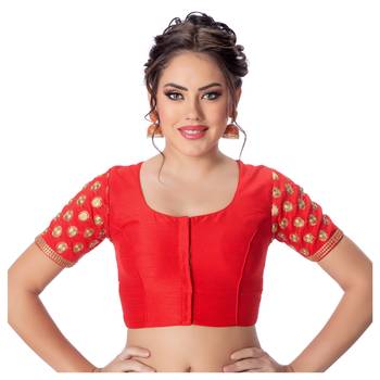 Jacquard Silk Embroidery Red Net Short Sleeves Padded Princess Cut Readymade Saree Blouse 1