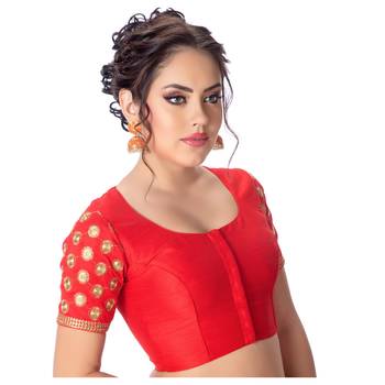 Jacquard Silk Embroidery Red Net Short Sleeves Padded Princess Cut Readymade Saree Blouse 2