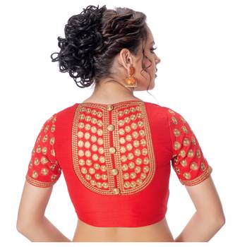 Jacquard Silk Embroidery Red Net Short Sleeves Padded Princess Cut Readymade Saree Blouse 3