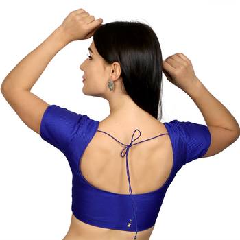 blue Banglori Silk Princess Cut Padded Short Sleeves Readymade Saree Blouse 3
