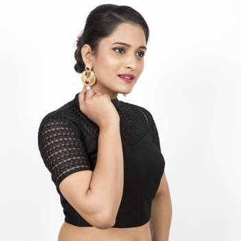 Black Jute Silk Net Stand Collar Net Short Sleeves Back Open Padded Readymade Saree Blouse 2