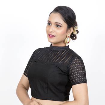 Black Jute Silk Net Stand Collar Net Short Sleeves Back Open Padded Readymade Saree Blouse 3