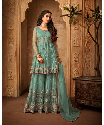 green embroidered net semi stitched salwar with dupattasea green 1