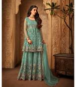 green embroidered net semi stitched salwar with dupattasea green