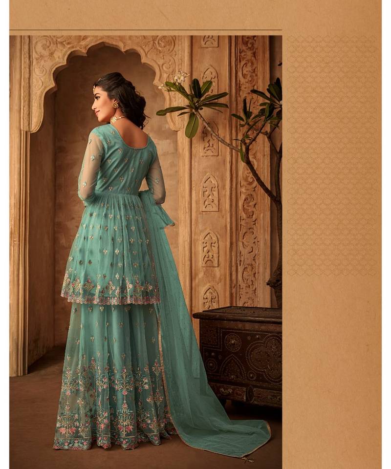 green embroidered net semi stitched salwar with dupattasea green