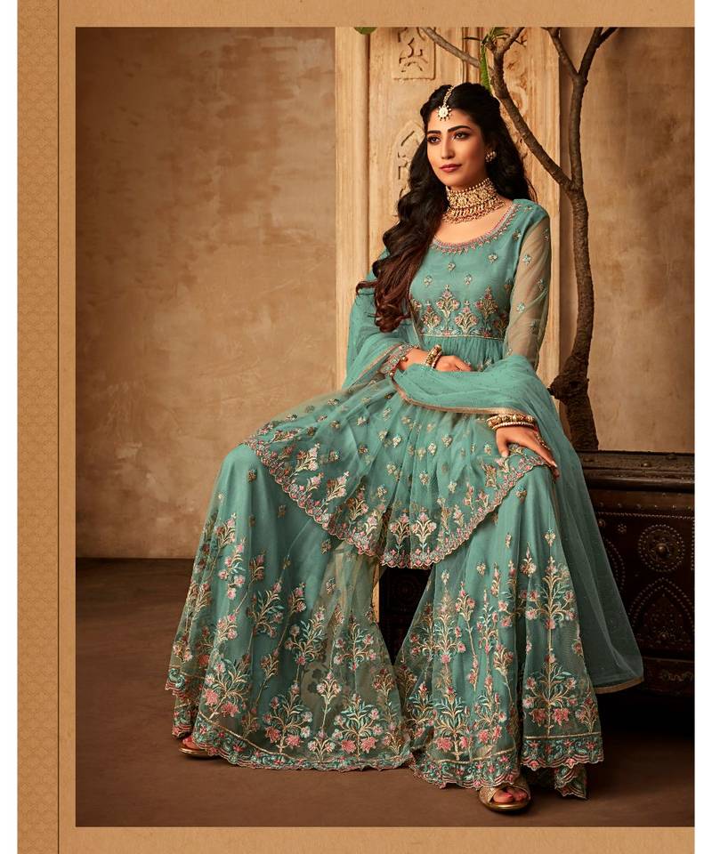 green embroidered net semi stitched salwar with dupattasea green