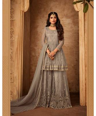 Grey Embroidered Net Semi Stitched Salwar With Dupatta 1