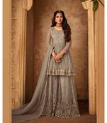 Grey Embroidered Net Semi Stitched Salwar With Dupatta