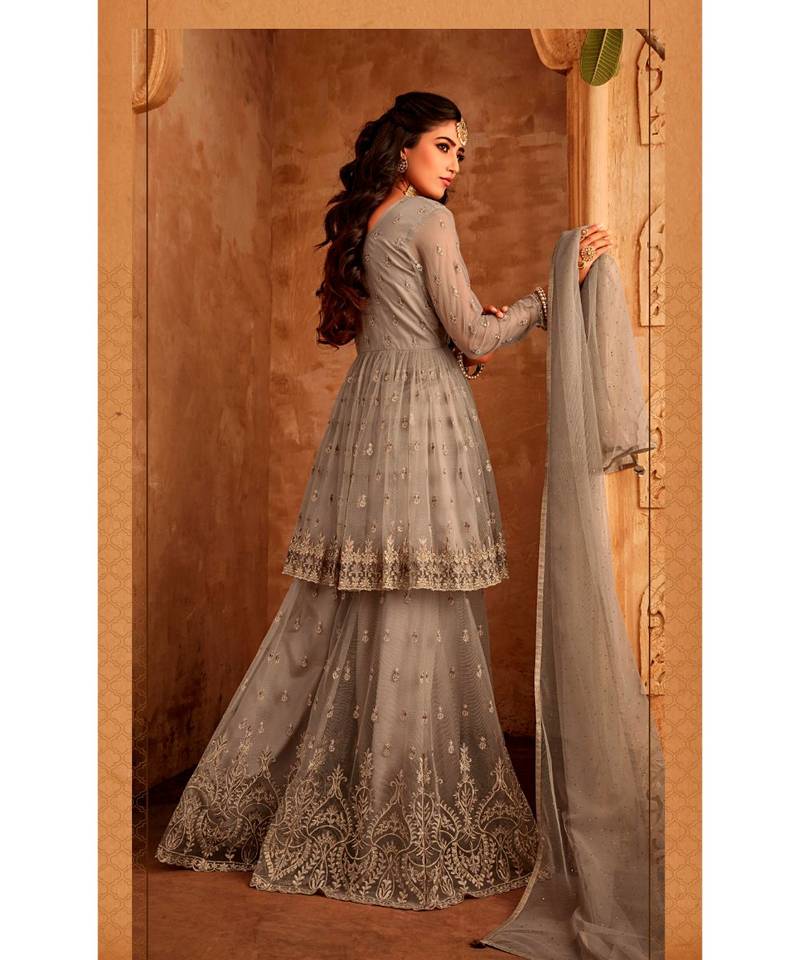 Grey Embroidered Net Semi Stitched Salwar With Dupatta