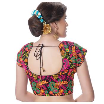 Cotton Kutchi Hand Embroidered Mirror Work Black Princess Cut Padded Short Sleeves Readymade Saree Blouse 1