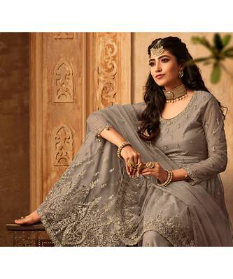 Grey Embroidered Net Semi Stitched Salwar With Dupatta 3
