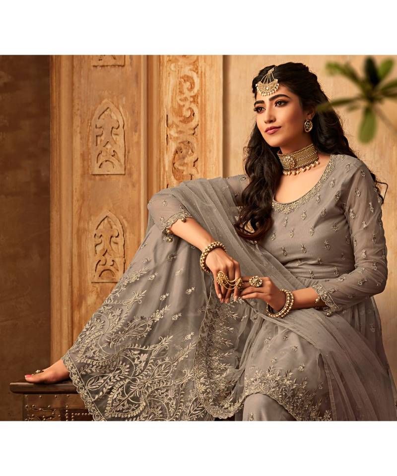 Grey Embroidered Net Semi Stitched Salwar With Dupatta