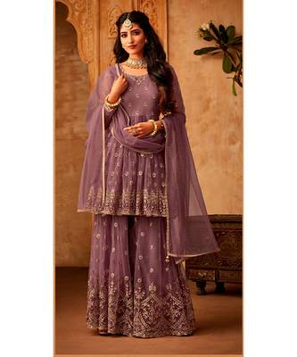 purple embroidered net semi stitched salwar with dupatta 1