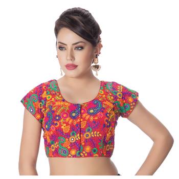 Cotton Kutchi Hand Embroidered Mirror Work Red Princess Cut Padded Short Sleeves Readymade Saree Blouse 1