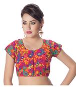 Cotton Kutchi Hand Embroidered Mirror Work Red Princess Cut Padded Short Sleeves Readymade Saree Blouse