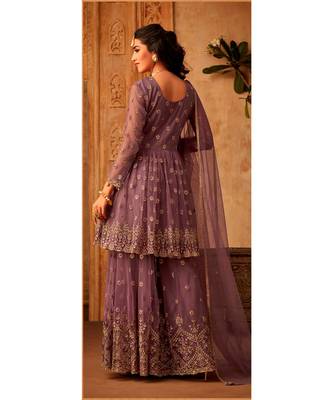 purple embroidered net semi stitched salwar with dupatta 2
