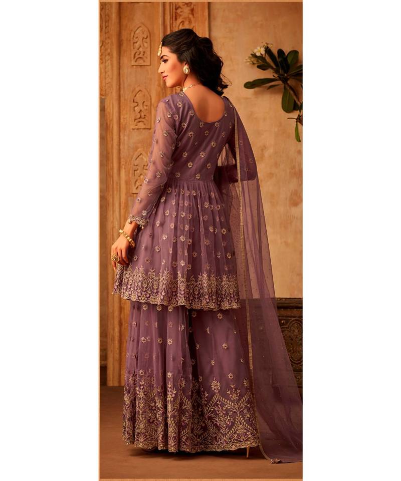 purple embroidered net semi stitched salwar with dupatta