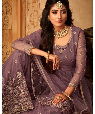 purple embroidered net semi stitched salwar with dupatta 3