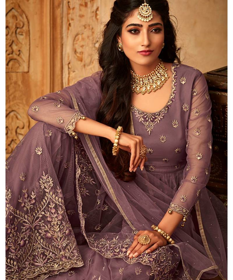 purple embroidered net semi stitched salwar with dupatta
