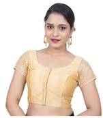 Gold Tussar Silk Short Net Sleeves Princess Cut Padded Readymade Saree Blouse