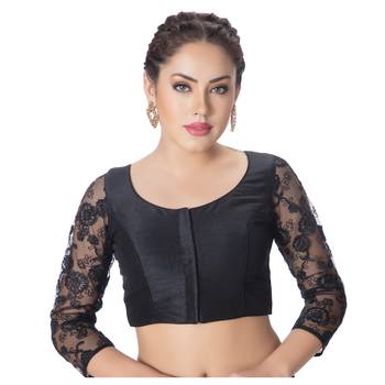Black Round Neck Dupion Silk 3/4th Net Sleeves Padded Readymade Saree Blouse 1