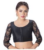 Black Round Neck Dupion Silk 3/4th Net Sleeves Padded Readymade Saree Blouse