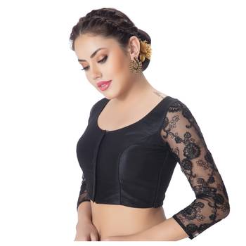 Black Round Neck Dupion Silk 3/4th Net Sleeves Padded Readymade Saree Blouse 2