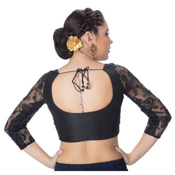 Black Round Neck Dupion Silk 3/4th Net Sleeves Padded Readymade Saree Blouse 3