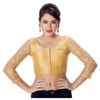 Gold Round Neck Dupion Silk 3/4Th Net Sleeves Princess Cut Padded Readymade Saree Blouse 1