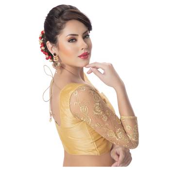 Gold Round Neck Dupion Silk 3/4Th Net Sleeves Princess Cut Padded Readymade Saree Blouse 2