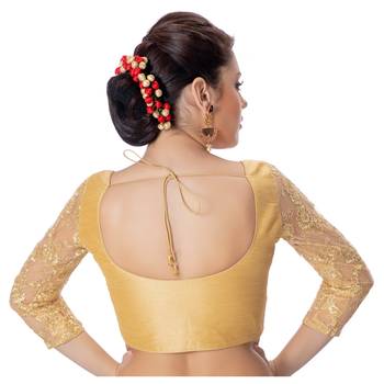 Gold Round Neck Dupion Silk 3/4Th Net Sleeves Princess Cut Padded Readymade Saree Blouse 3