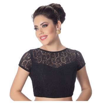 High Neck Black Dupion Silk Full Net Padded Princess Cut Short Sleeves Readymade Saree Blouse 1