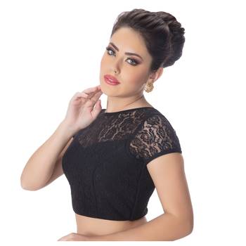 High Neck Black Dupion Silk Full Net Padded Princess Cut Short Sleeves Readymade Saree Blouse 2