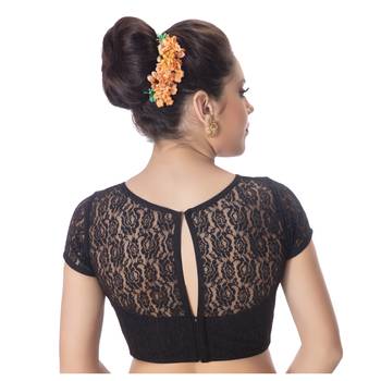 High Neck Black Dupion Silk Full Net Padded Princess Cut Short Sleeves Readymade Saree Blouse 3