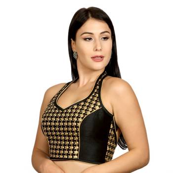 Black Banglori Silk Halter Neck Embroidery Sleeveless Princess Cut Backless Readymade Saree Bikini Blouse 2