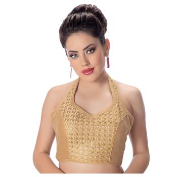 Banglori Silk Halter Neck Embroidery Gold Sleeveless Princess Cut Backless Readymade Saree Bikini Blouse 1