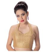 Banglori Silk Halter Neck Embroidery Gold Sleeveless Princess Cut Backless Readymade Saree Bikini Blouse