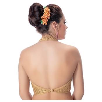 Banglori Silk Halter Neck Embroidery Gold Sleeveless Princess Cut Backless Readymade Saree Bikini Blouse 3