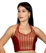 Maroon Banglori Silk Halter Neck Embroidery Sleeveless Princess Cut Backless Readymade Saree Bikini Blouse