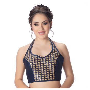 Navy Blue Banglori Silk Halter Neck Embroidery Sleeveless Princess Cut Backless Readymade Saree Bikini Blouse 1