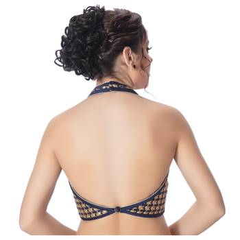 Navy Blue Banglori Silk Halter Neck Embroidery Sleeveless Princess Cut Backless Readymade Saree Bikini Blouse 3