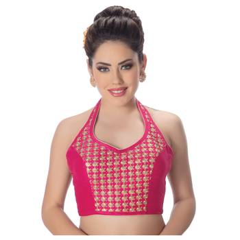 Banglori Silk Halter Neck Embroidery Pink Sleeveless Princess Cut Backless Readymade Saree Bikini Blouse 1