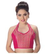 Banglori Silk Halter Neck Embroidery Pink Sleeveless Princess Cut Backless Readymade Saree Bikini Blouse