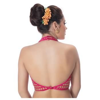Banglori Silk Halter Neck Embroidery Pink Sleeveless Princess Cut Backless Readymade Saree Bikini Blouse 3