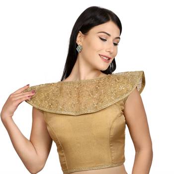 Gold Tussar Silk High Neck Sleeveless Princess Cut Padded Readymade Saree Blouse 1