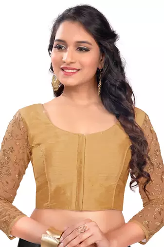 Gold Dupion Silk 3/4Th Net Embroidered Sleeves Princess Cut Padded Readymade Saree Blouse