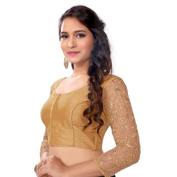 Gold Dupion Silk 3/4Th Net Embroidered Sleeves Princess Cut Padded Readymade Saree Blouse 2